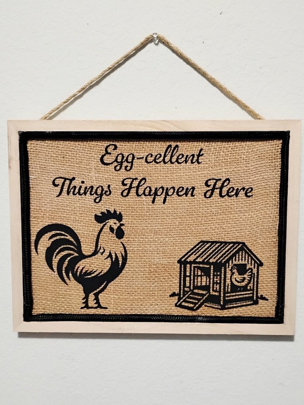 "Egg-cellent Things Happen Here" Rooster Henhouse Rustic Burlap Memo Cork Board